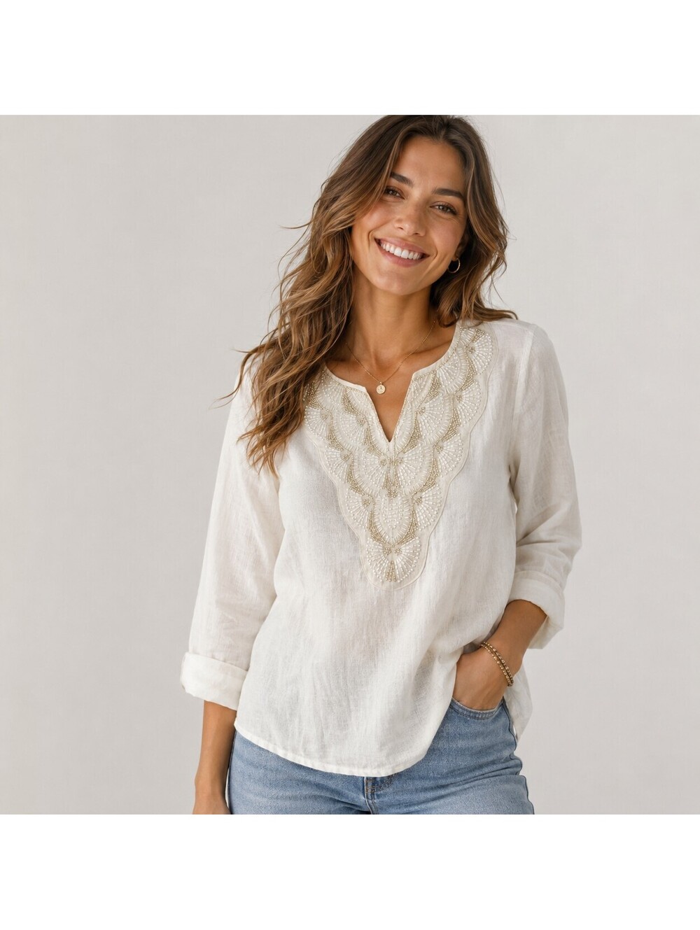 JM Collection Split-Neck Beaded Linen-Blend 3/4-Sleeve Top